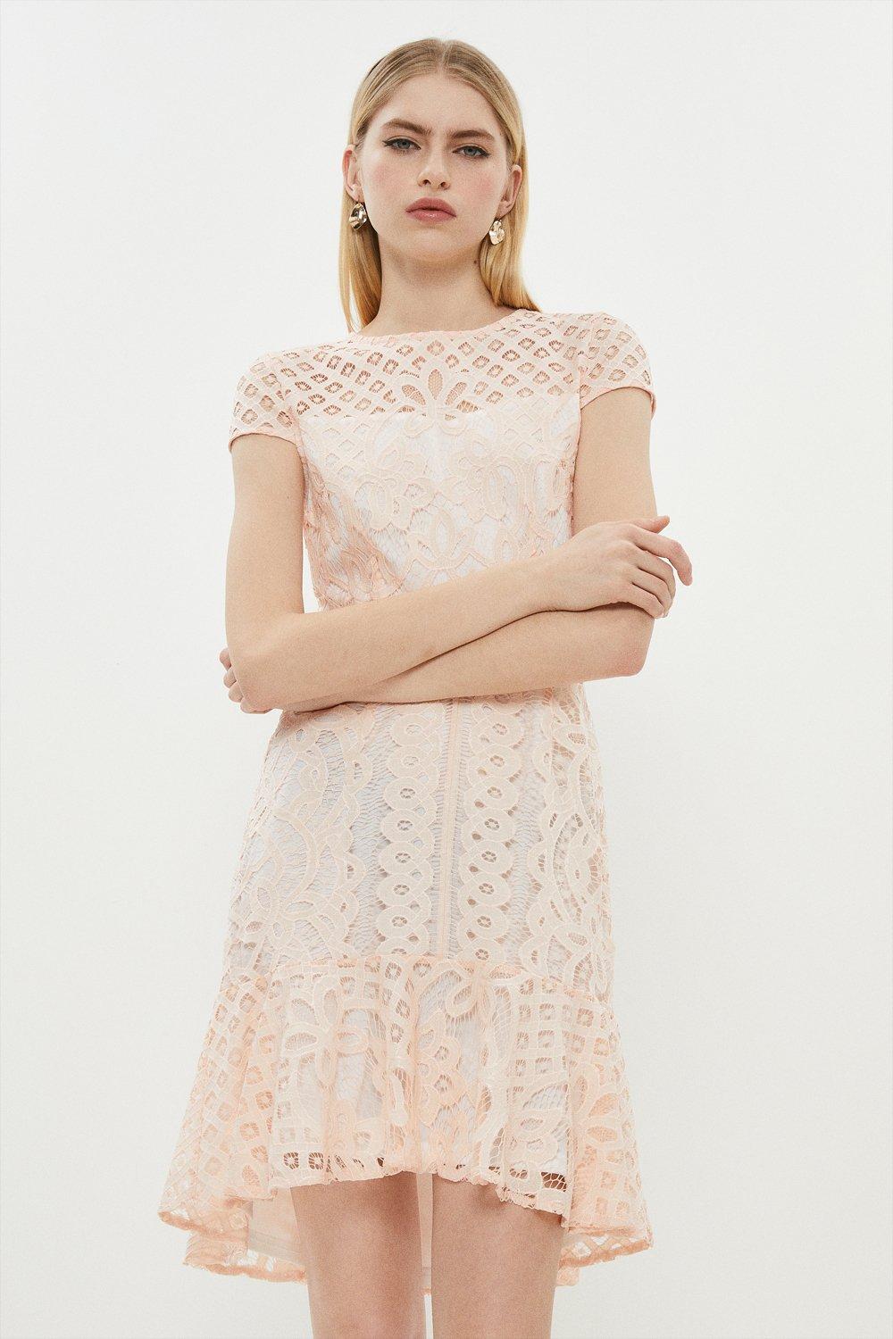 Capped Sleeve Placement Lace Mini Dress - Pink