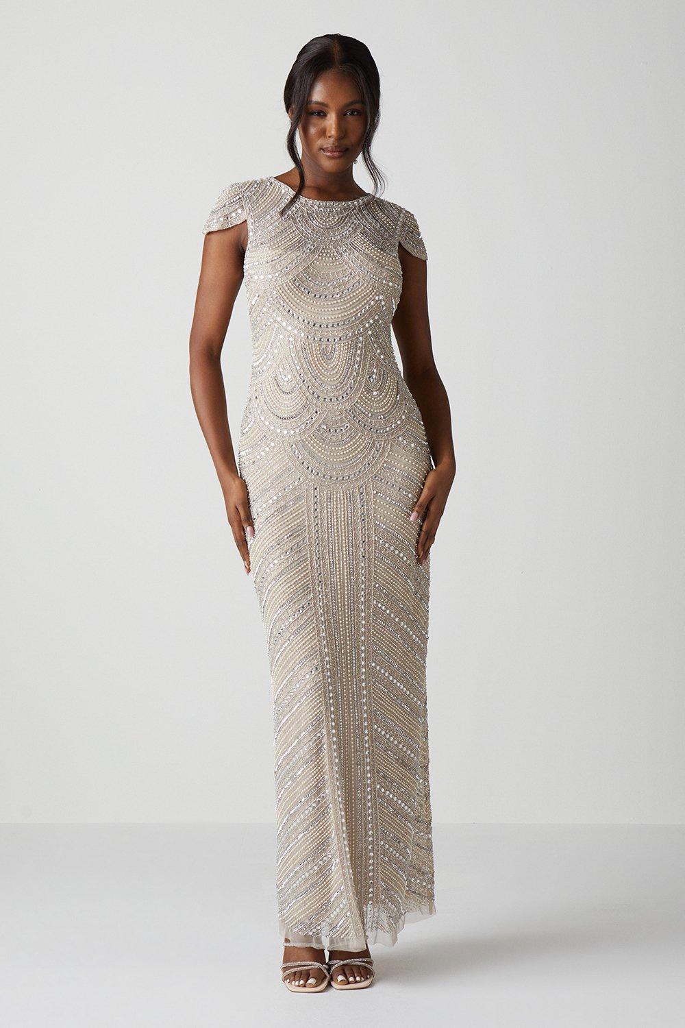 Beaded and Pearl Embellished Cap Sleeve Maxi Dress - Champagne