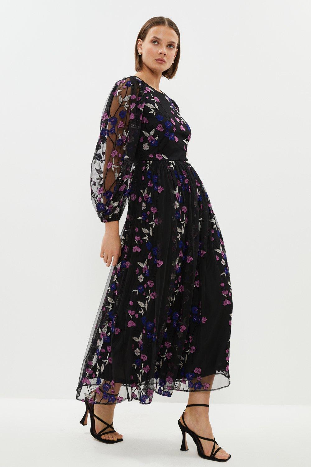 Dresses, Embroidered Mesh Blouson Sleeve Midi Dress