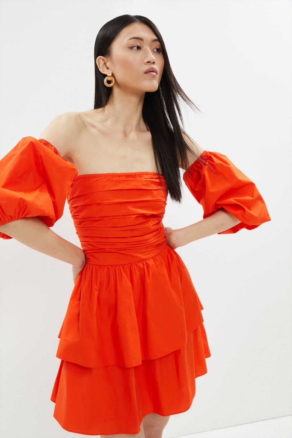 Ruched Bodice Tiered Mini Dress With Detachable Sleeve - Orange