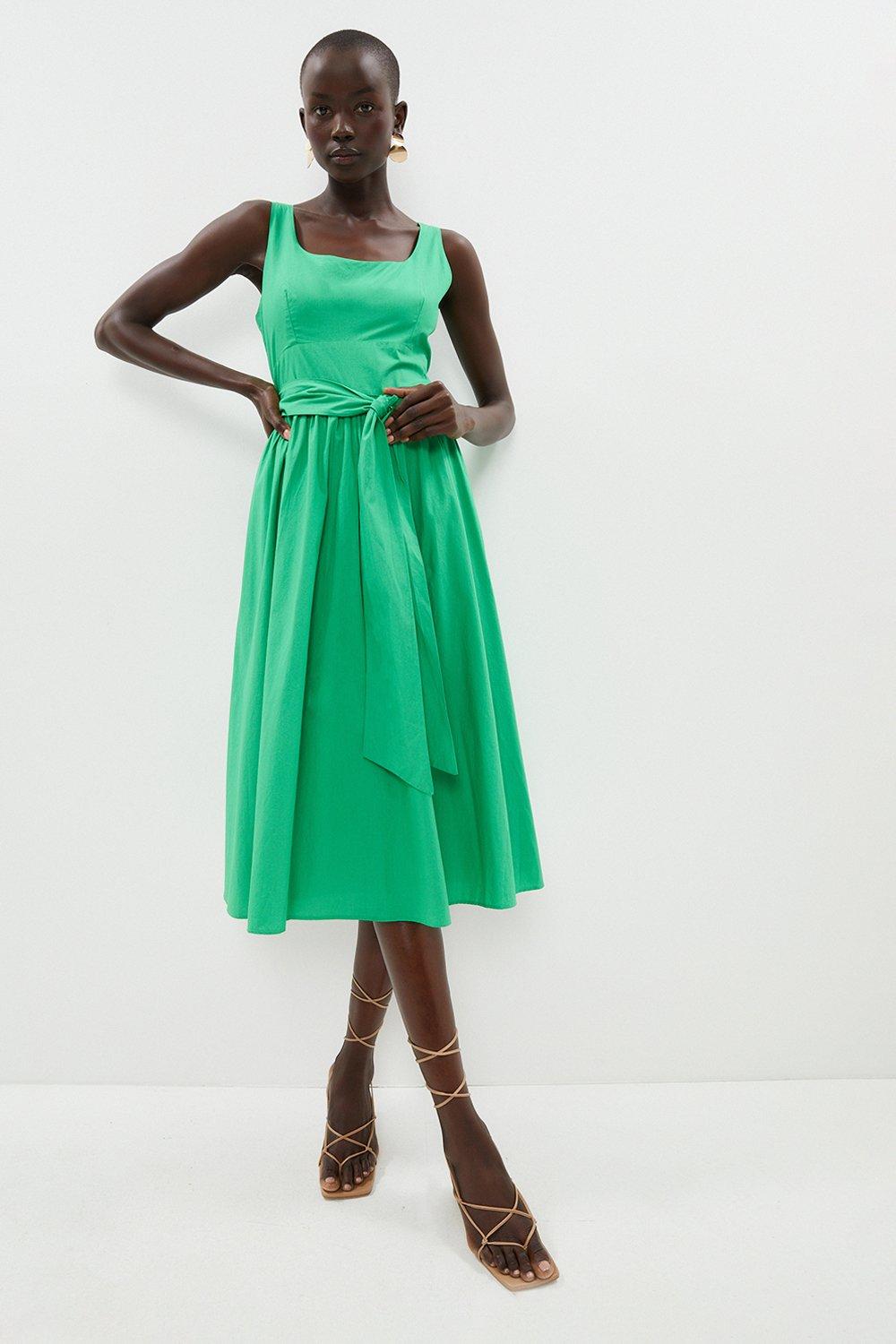 Empire Seam Full Skirted Midi Dress - Bright Green