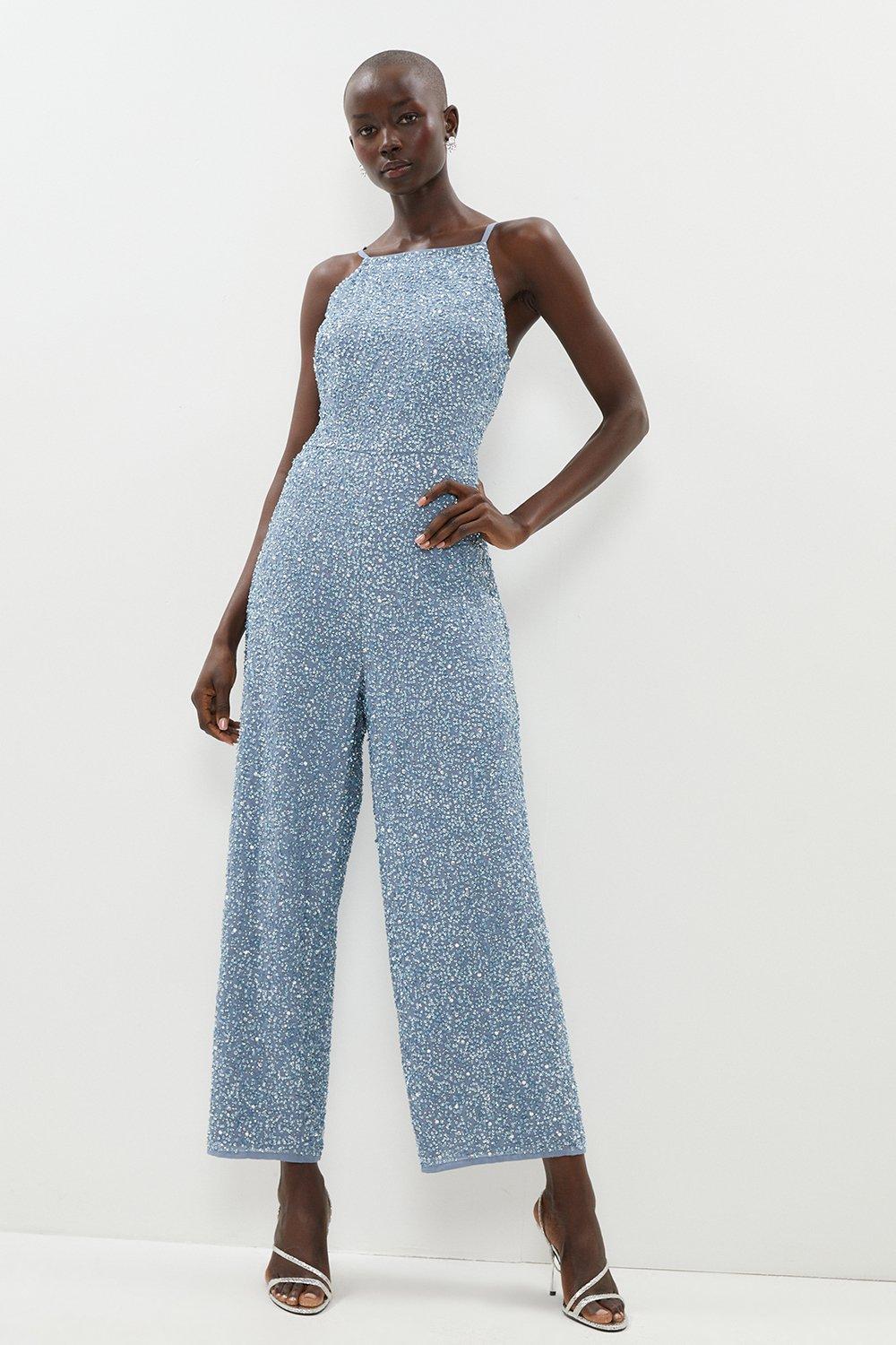All Over Sequin Strappy Jumpsuit - Dusty Blue