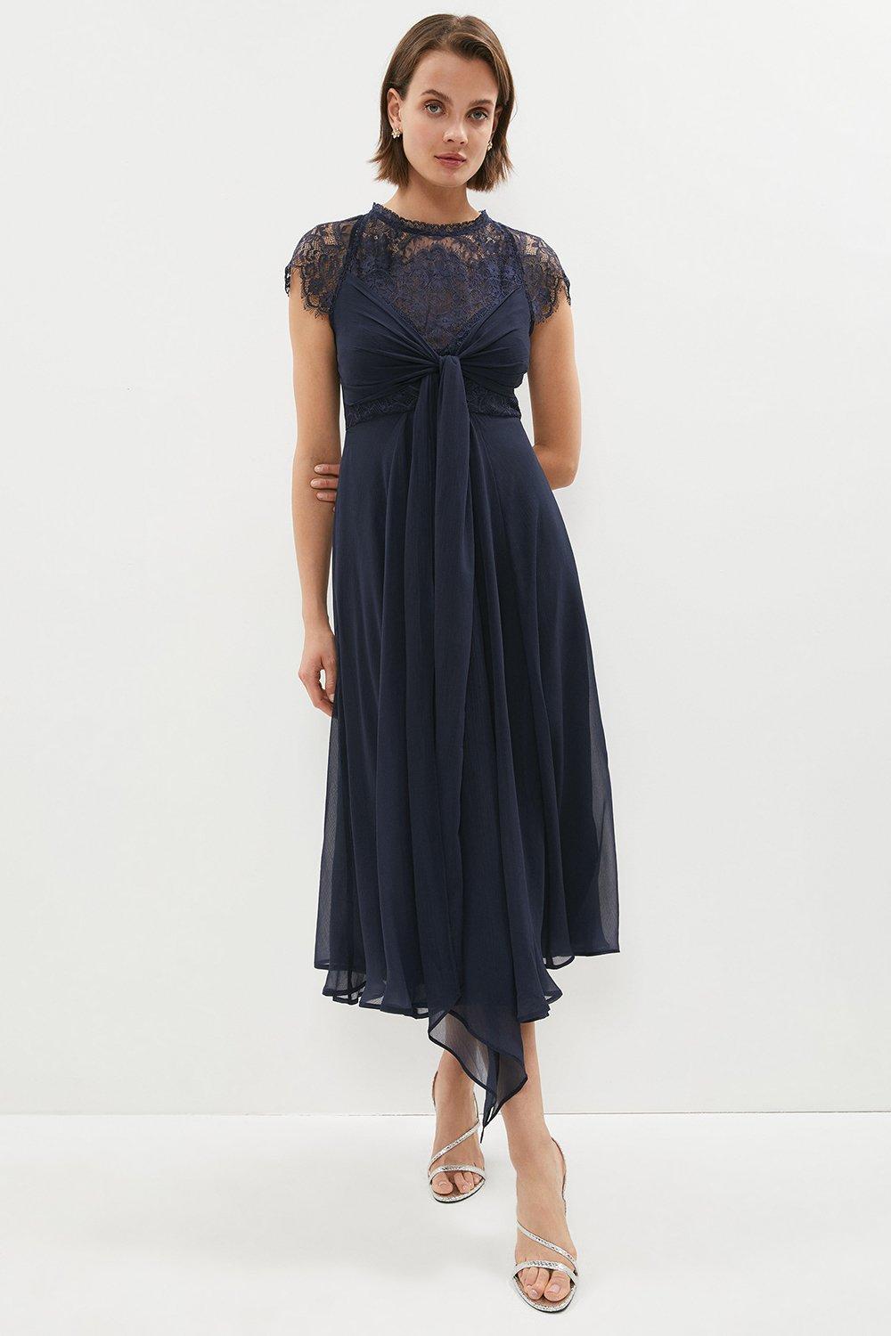 Lace Cross Over Front Crinkle Chiffon Midi - Navy