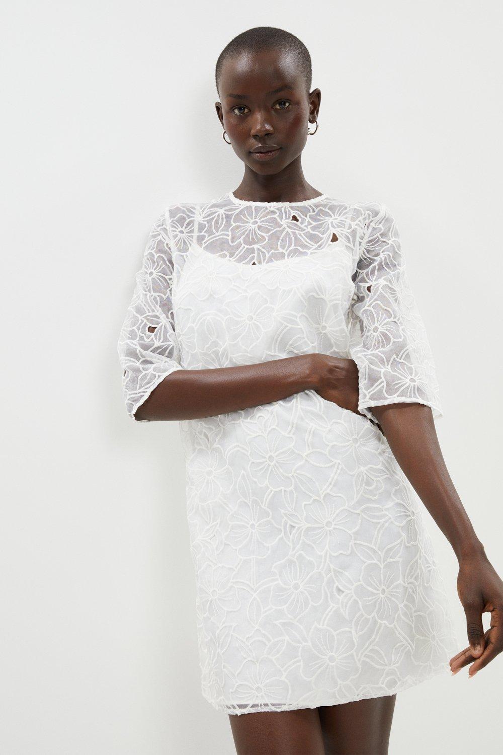 Floral Embroidered Organza T Shirt Dress - White