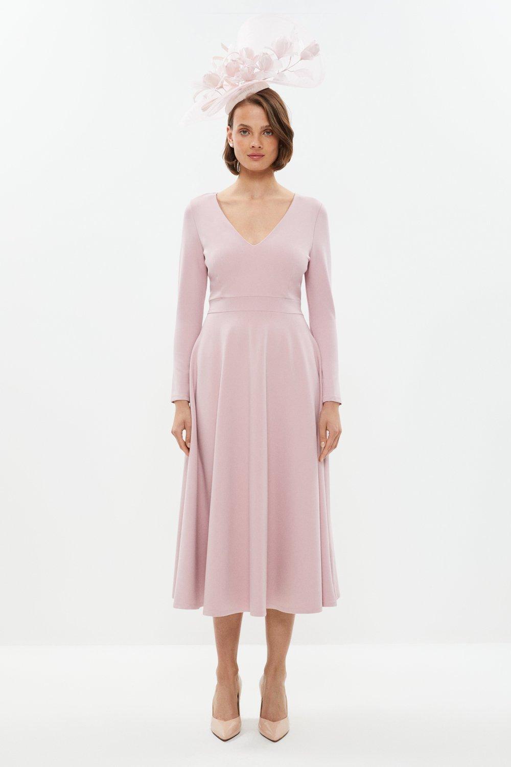 V Neck Full Skirt Midi Dress - Pink