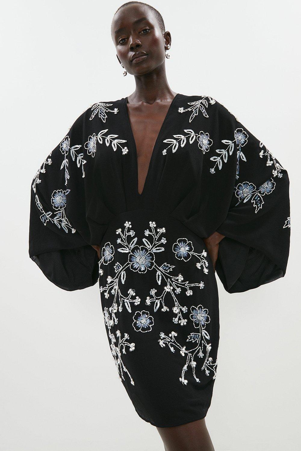 All Over Beaded V Neck Kimono Mini Dress - Black_Ecru