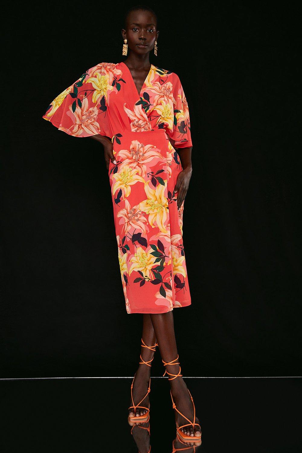Print And Beadwork Kimono Wrap Dress - Pink