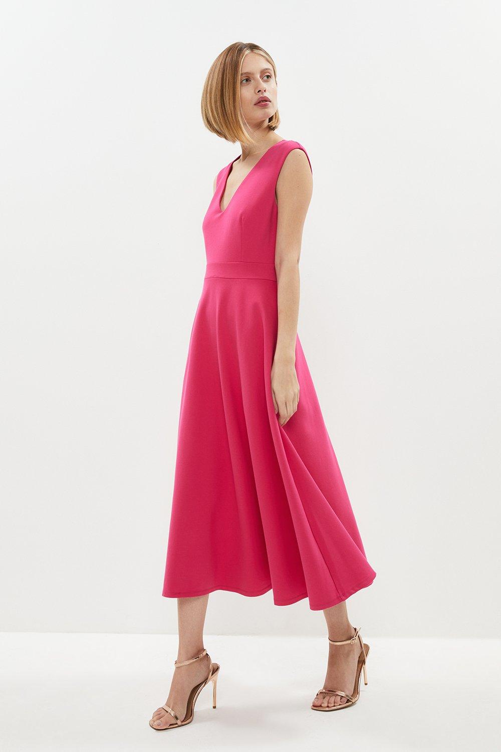 V Neck Full Skirt Sleeveless Midi Dress - Bright Pink