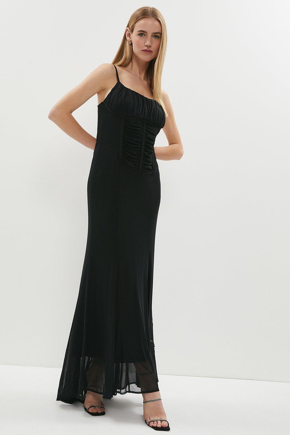 Ruched Bodice Satin Trim Fishtail Skirt Dress - Black