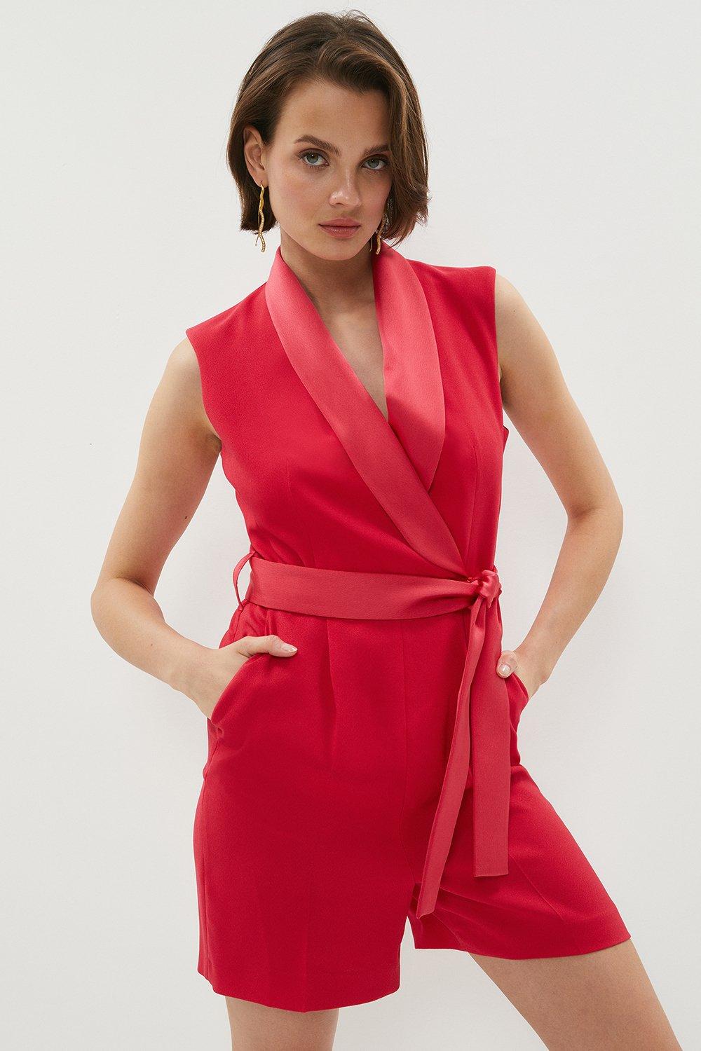 Sleeveless Blazer Wrap Playsuit With Self Tie - Pink