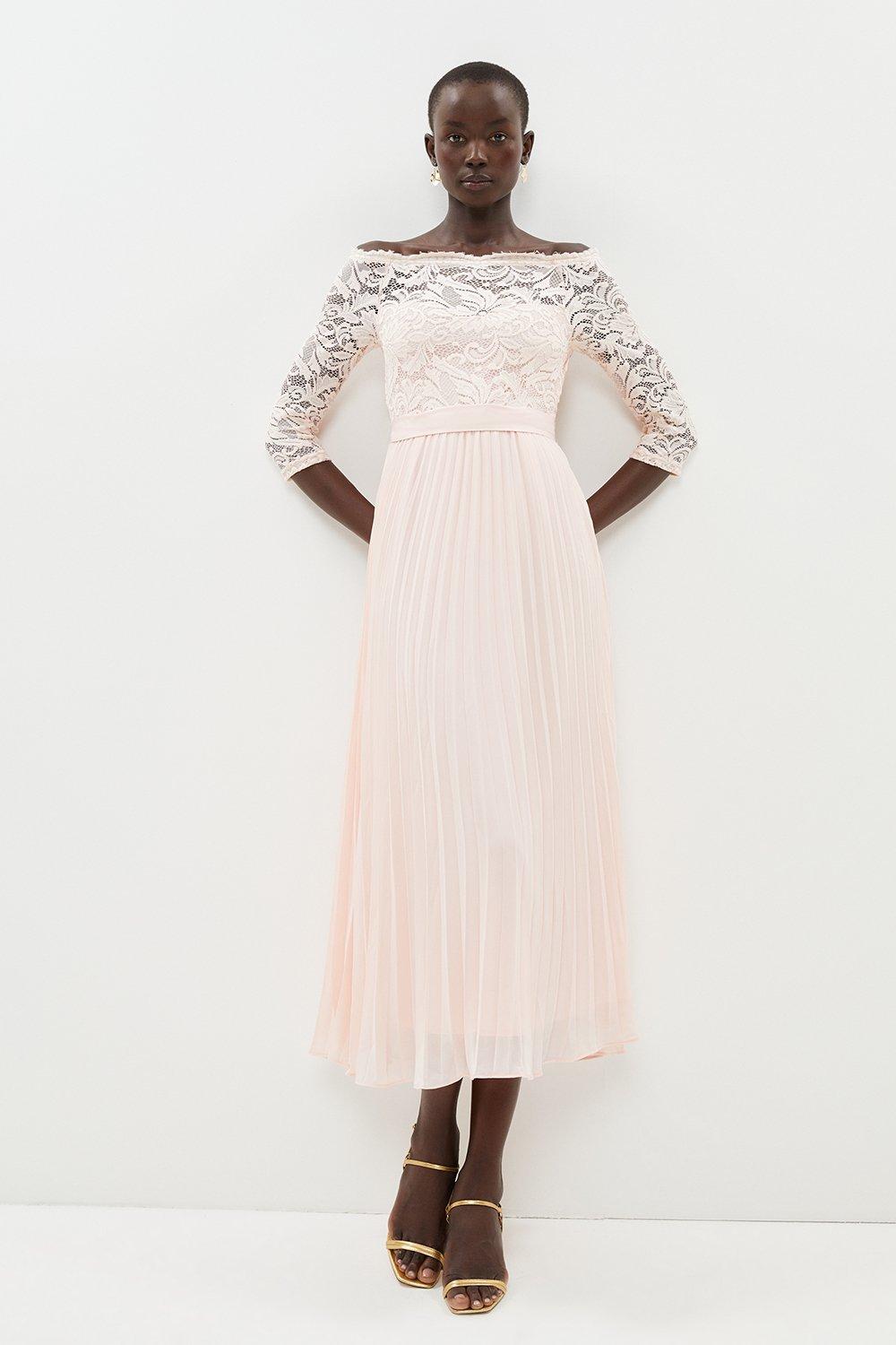Lace Bardot Pleat Skirt Dress - Pink