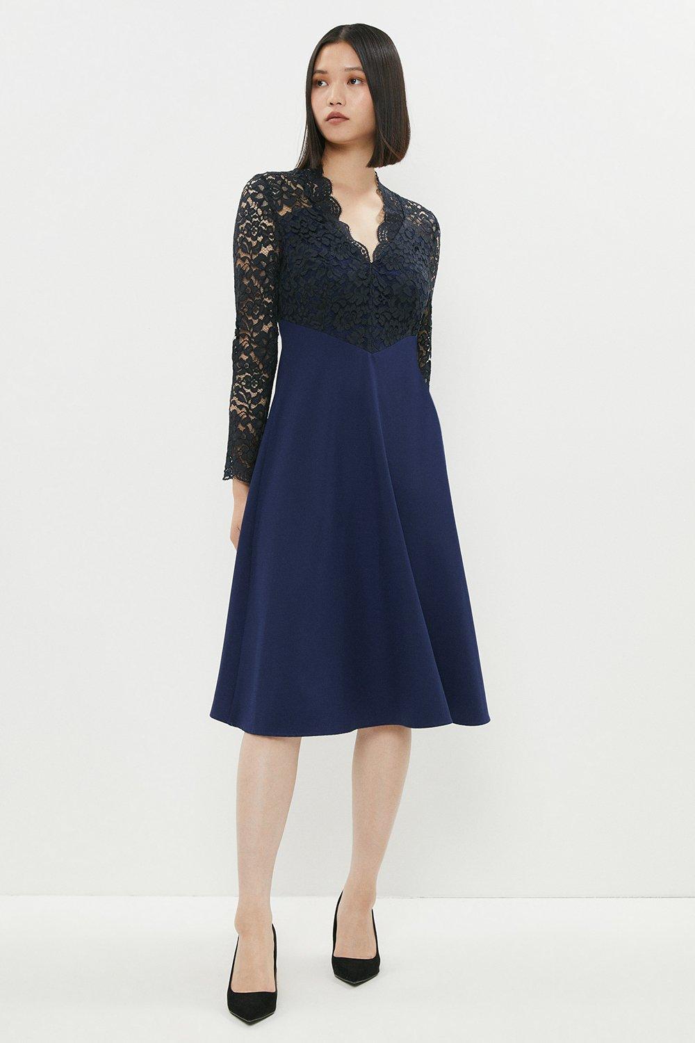 Premium Lace Top Full Skirt Midi Dress - Navy