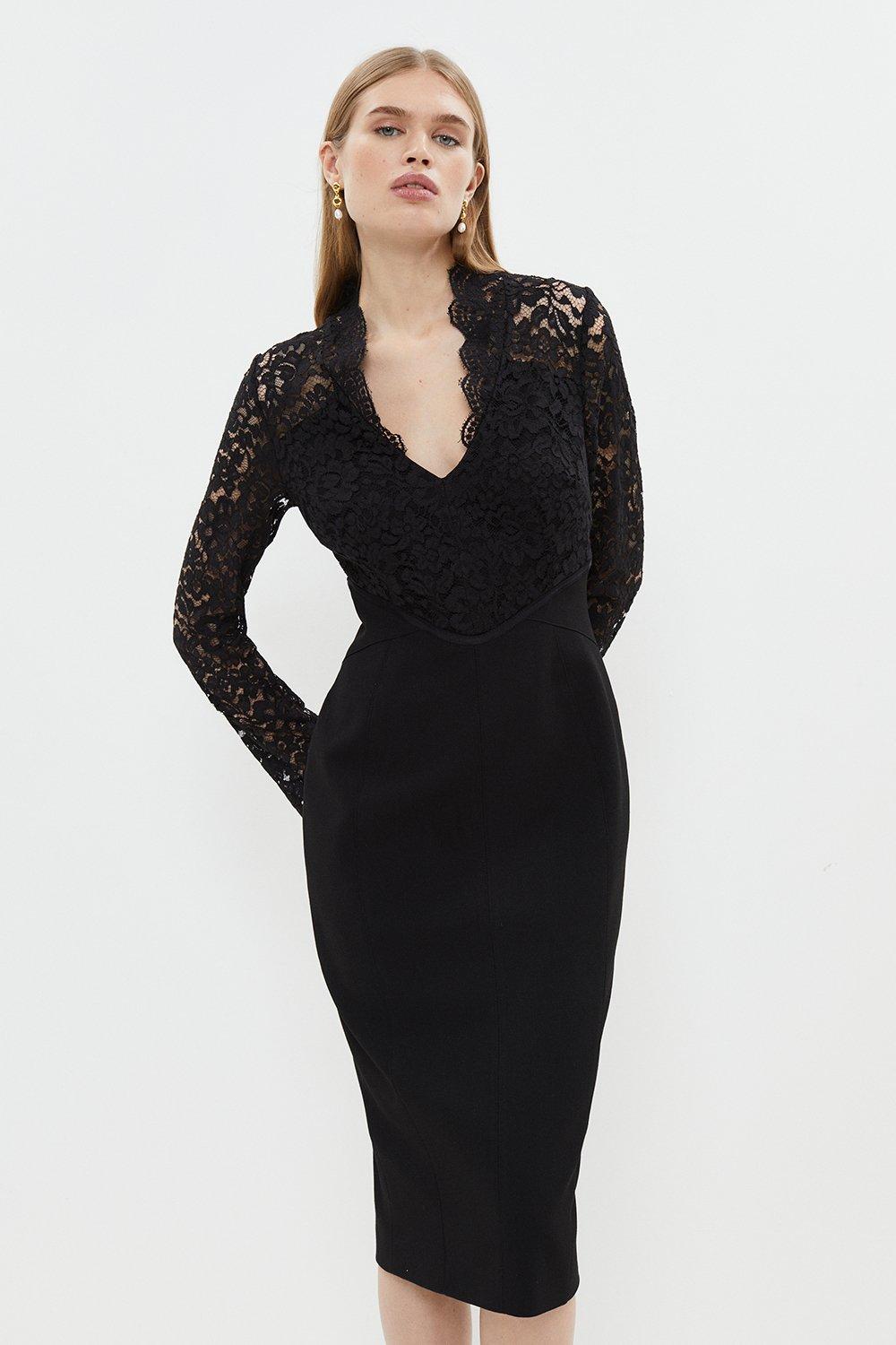 Premium Lace Top Pencil Skirt Midi Dress - Black