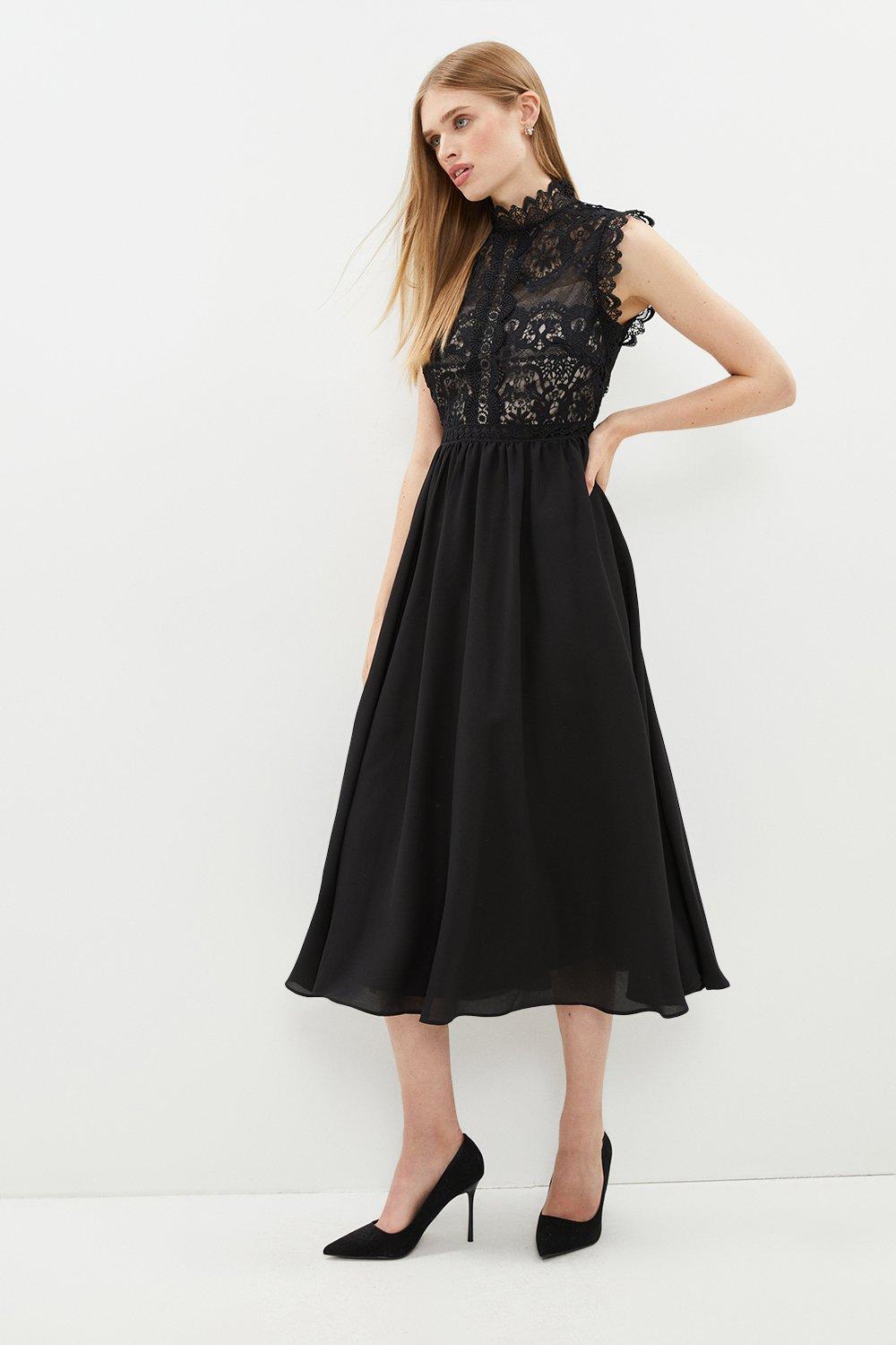 Lace Bodice Double Georgette Skirt Midi Dress - Black