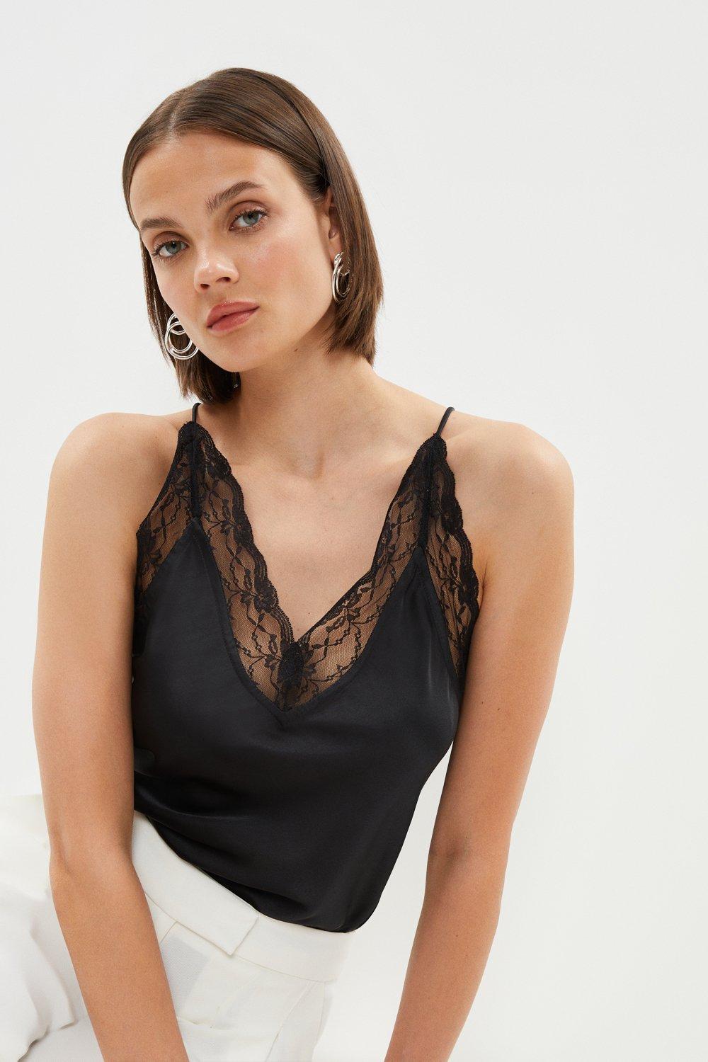 Black Lace-trimmed silk-satin cami top, Raey