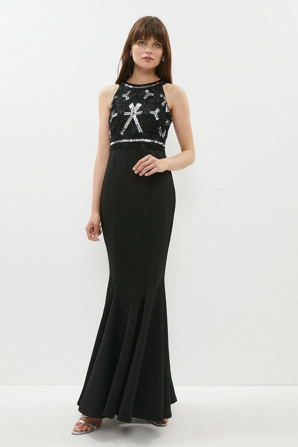 Embellished Top Fishtail Maxi Dress - Black