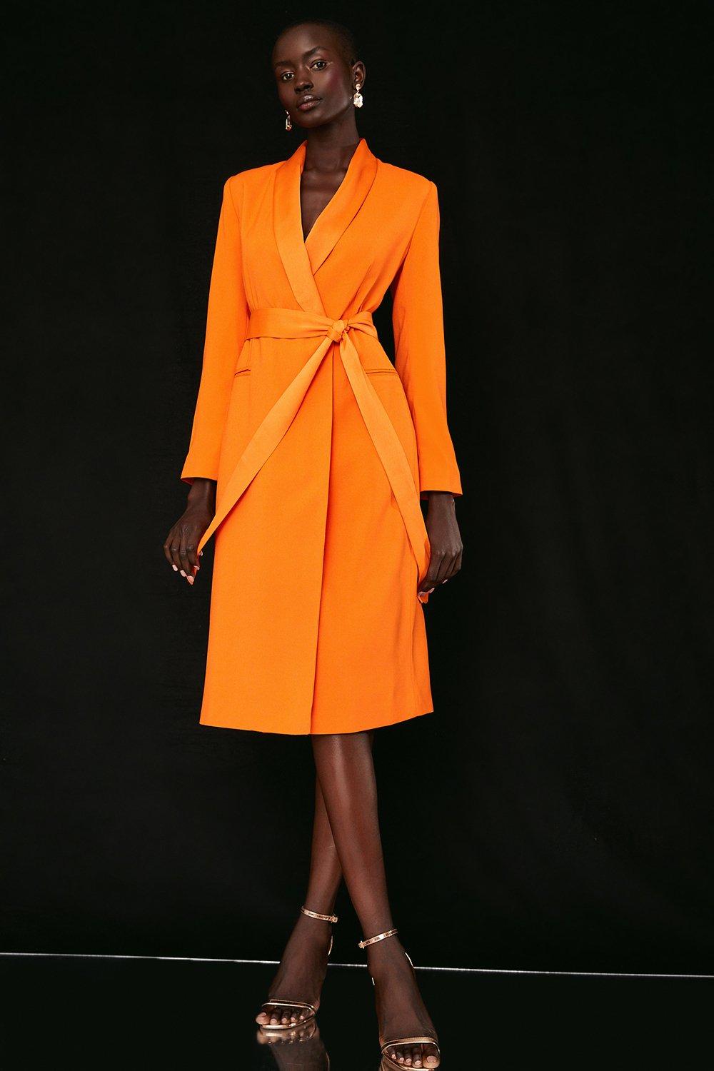 Tuxedo Tie Waist Midi Dress - Orange