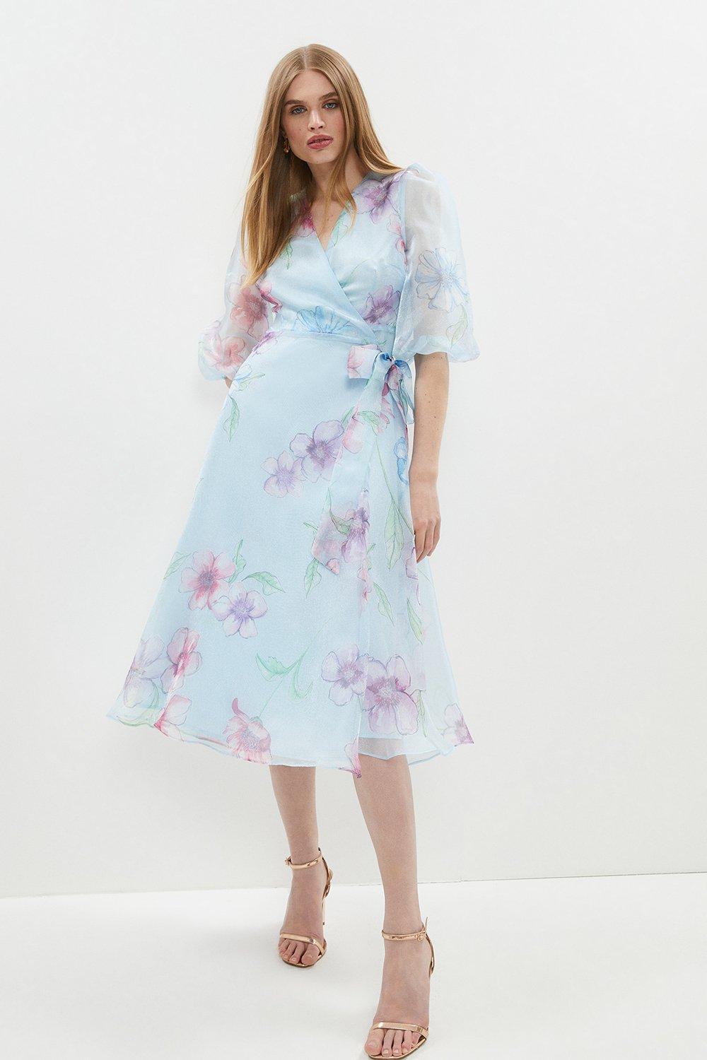 Printed Shimmer Organza Wrap Dress - Pale Blue