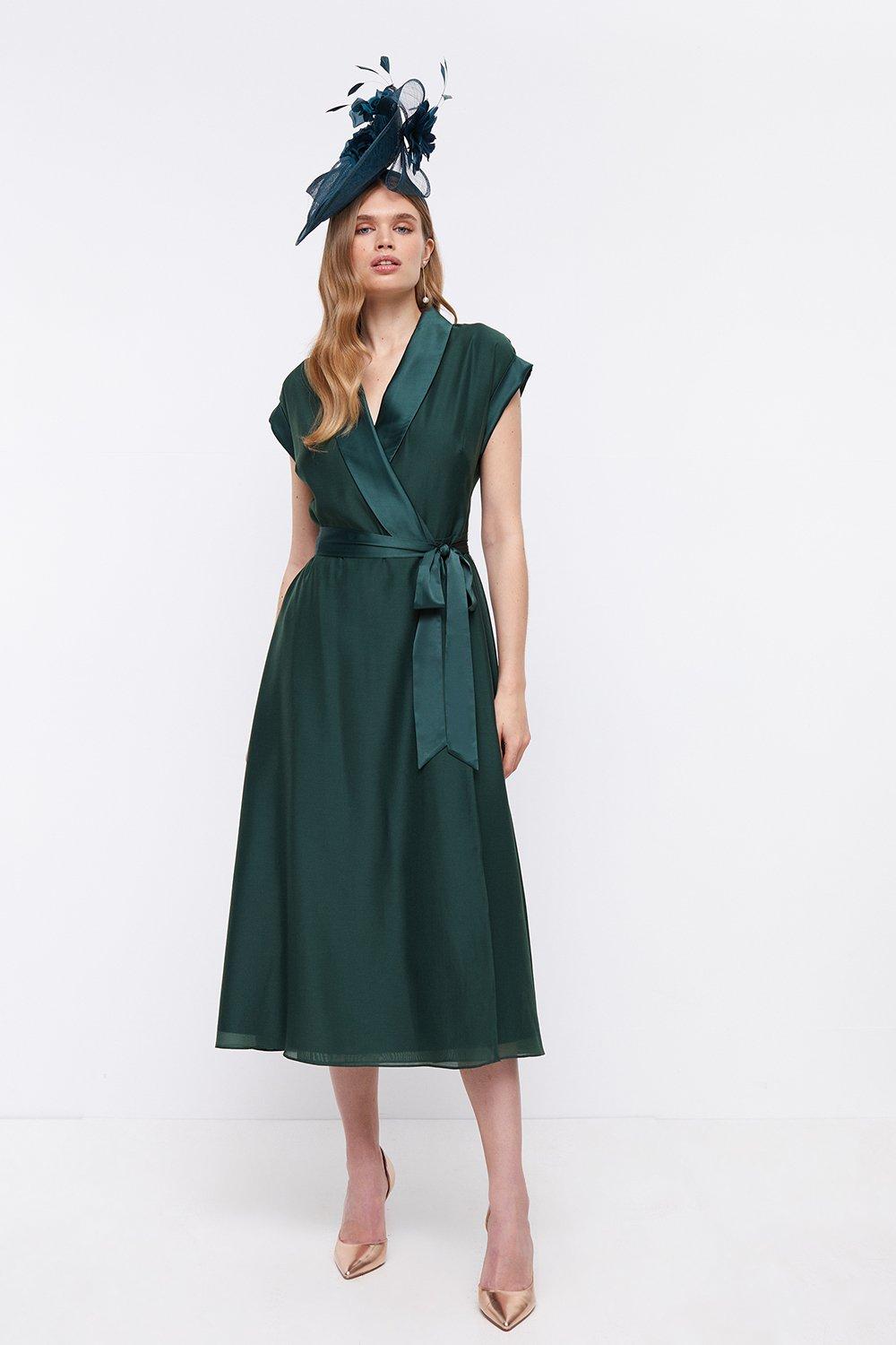 Premium Organza Tuxe Wrap Midi Dress - Green
