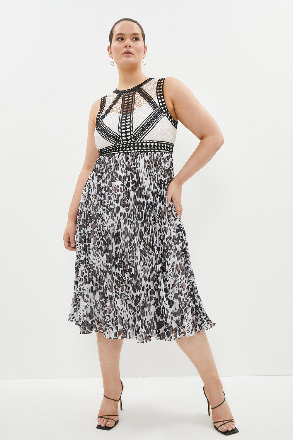 Plus Size Trimmed Bodice Printed Skirt Dress - Black