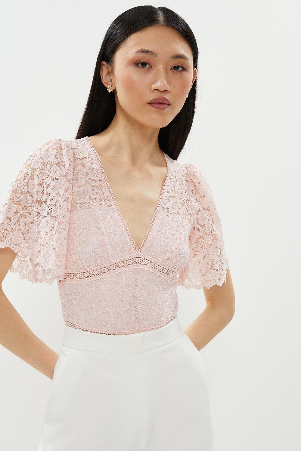 Flare Sleeve Lace Panelled Bodysuit - Pink