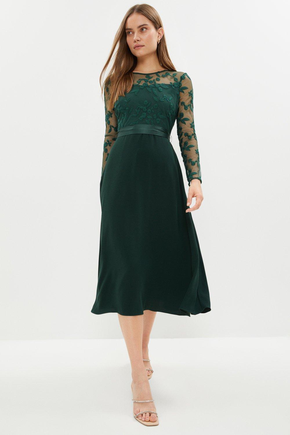 Embroidered Long Sleeve Crepe Circle Skirt Dress - Green