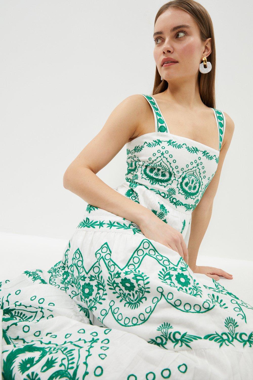 Tile Embroidered Full Skirted Maxi Dress - Ivory