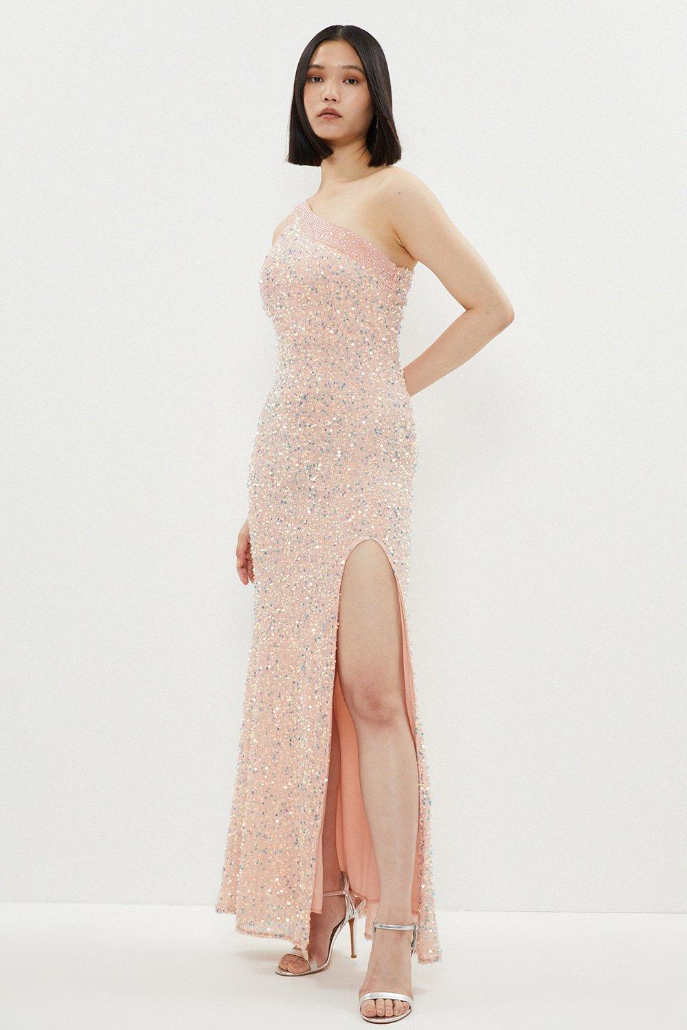 All Over Embellished One Shoulder Maxi Dress - Pink