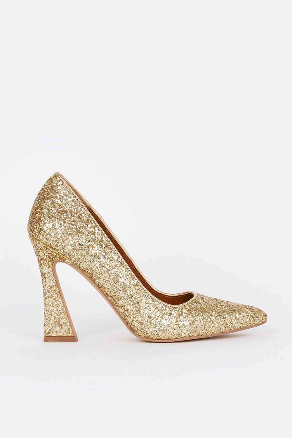 Glitter Flared Heel Court Shoe - Gold
