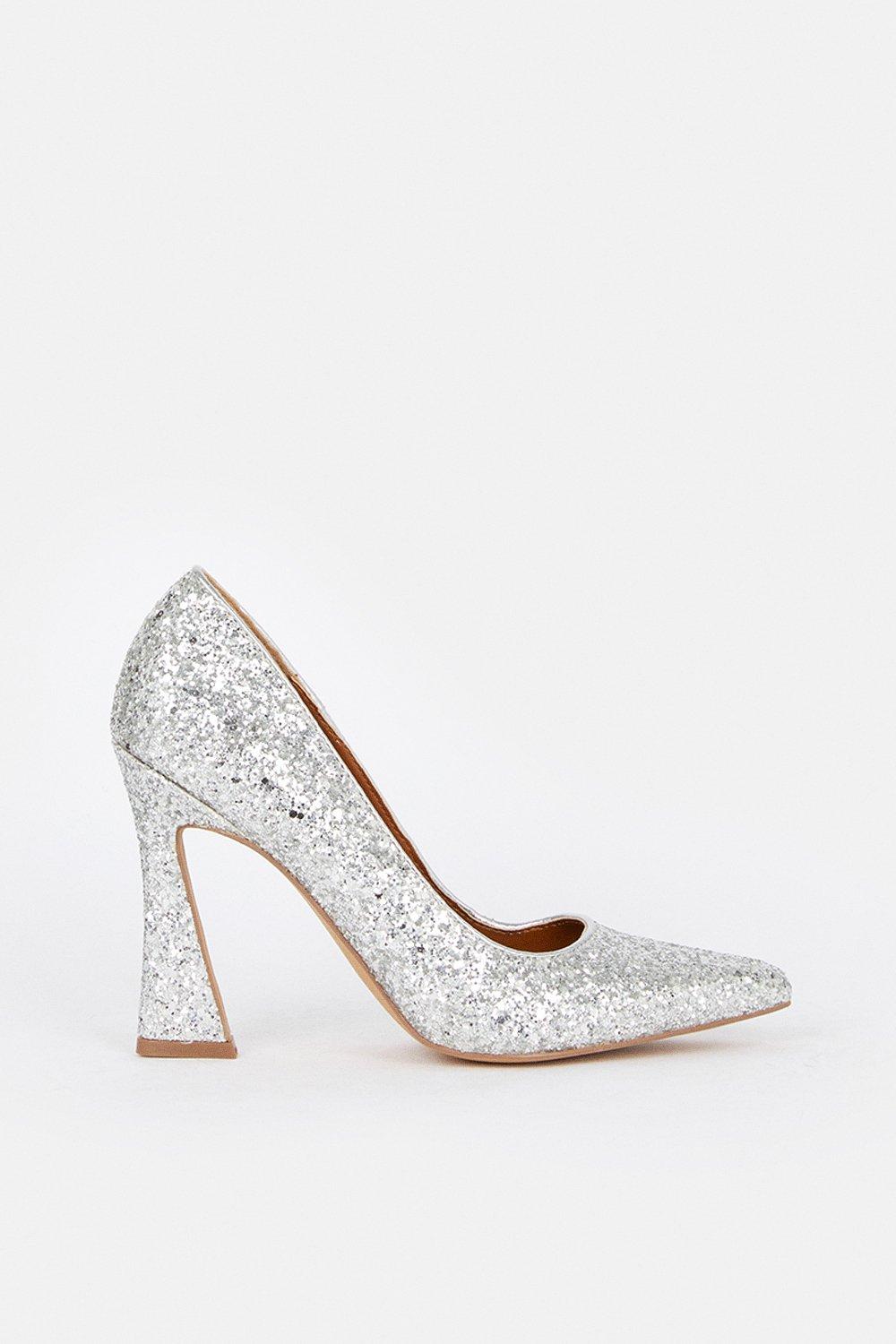 Glitter Flared Heel Court Shoe - Silver