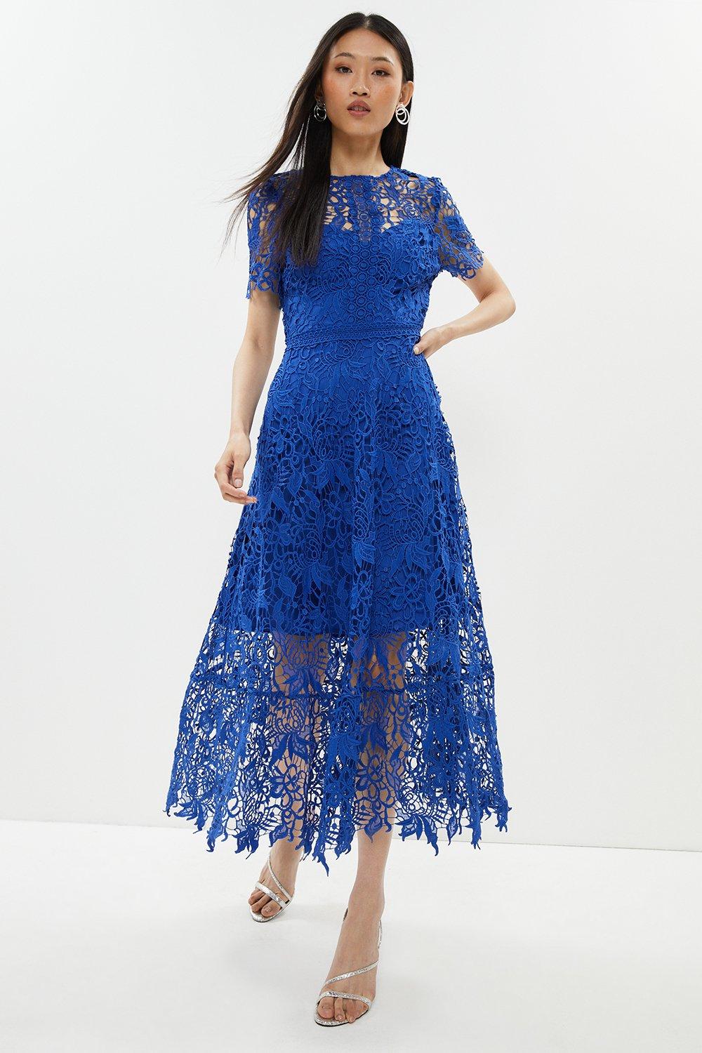 Blue midi hotsell lace dress