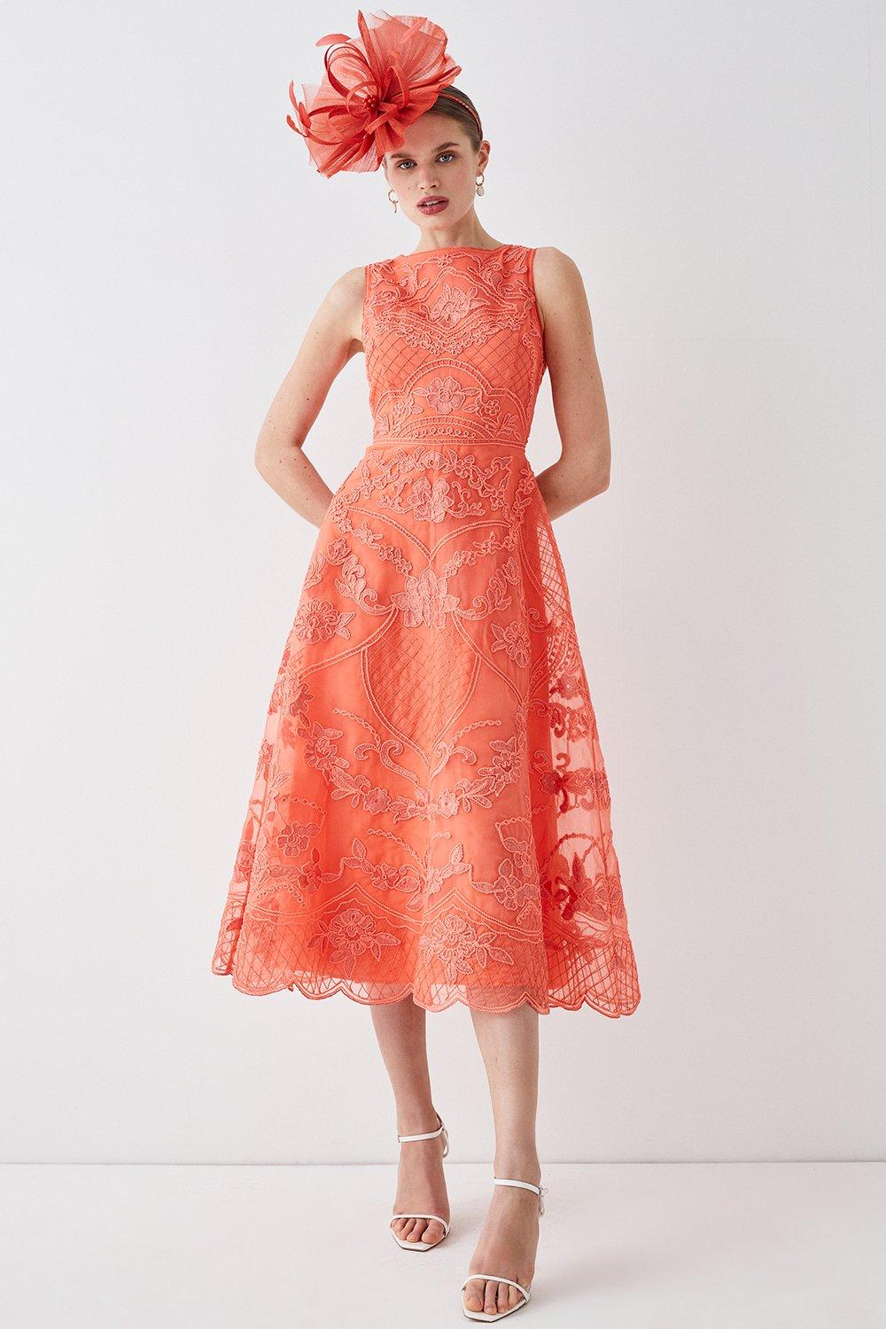 Premium Embroidered Organza Full Skirt Midi Dress - Pink