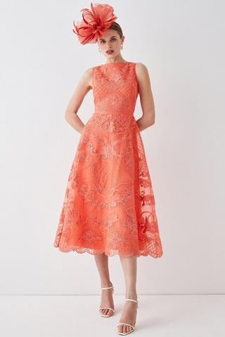 Lucky Brand Pink Coral Floral Embroidered Tiered Sleeveless Midi Dress  Large
