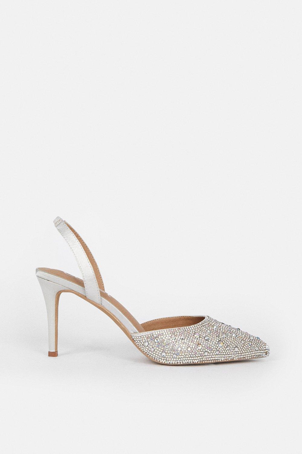Satin Diamante Sling Back Court Shoes - Silver