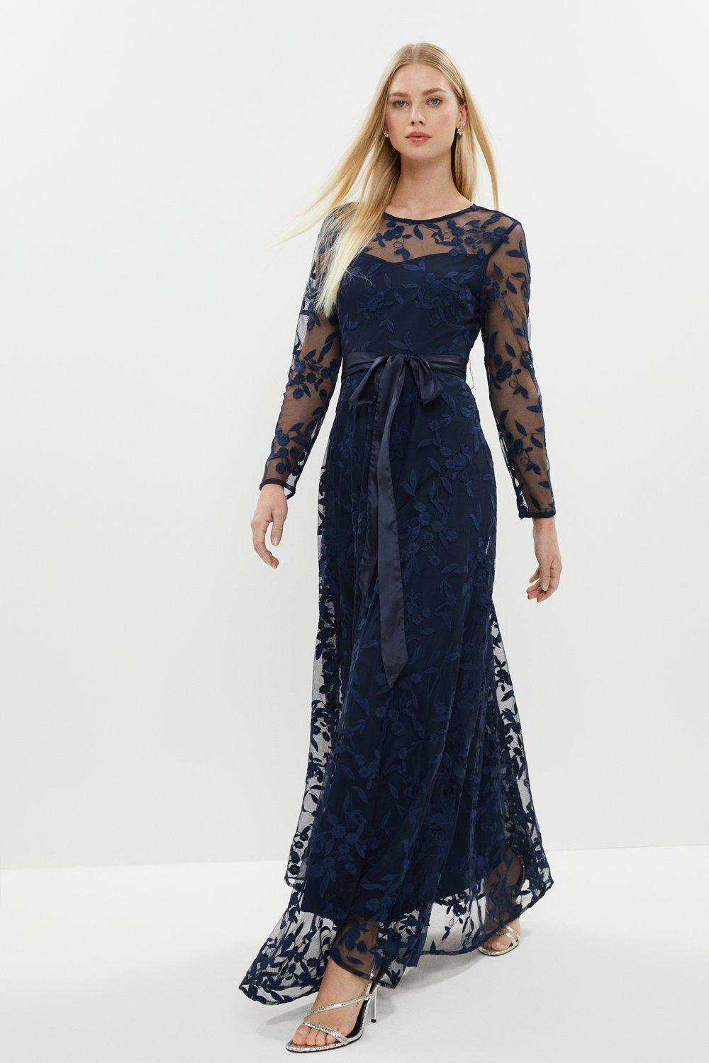 All Over Embroidered Long Sleeve Maxi Dress - Navy