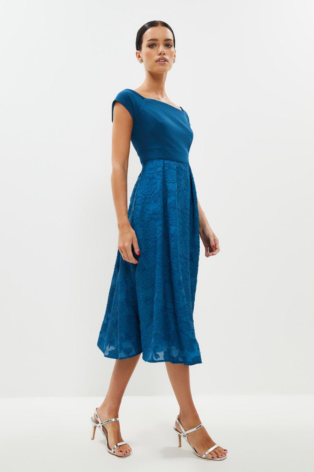 Petite Bardot Neck Embroidered Midi Dress - Blue