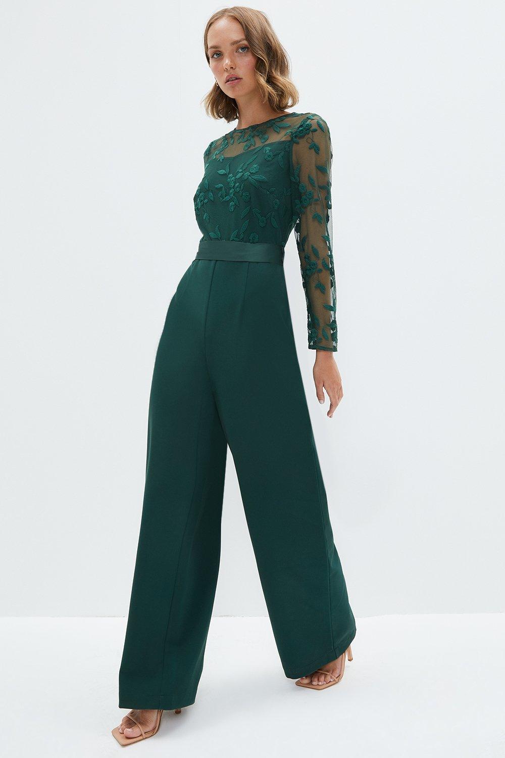 Petite Embroidered Wide Leg Jumpsuit - Green