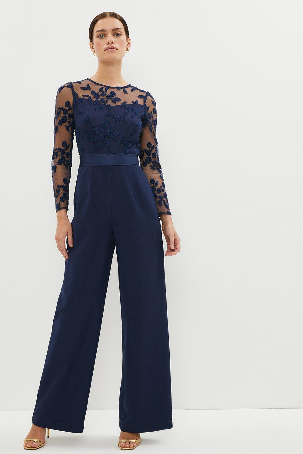 Petite Embroidered Wide Leg Jumpsuit - Navy