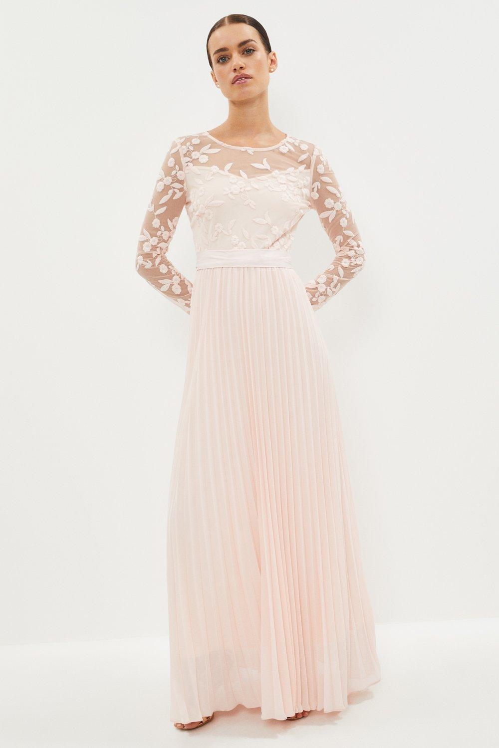 Petite Embroidered Long Sleeve Maxi Dress - Pink