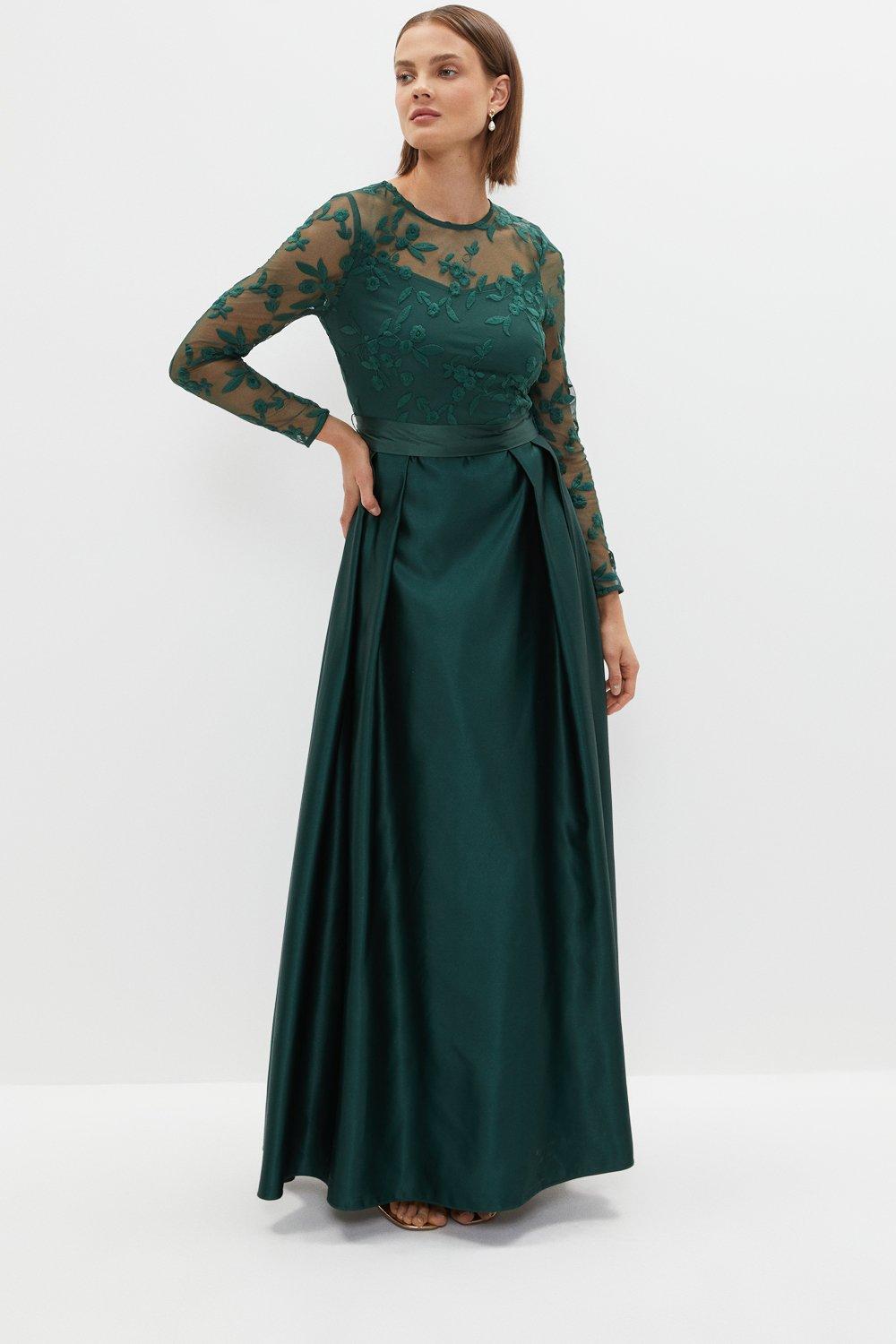 Embroidered Bodice Satin Skirt Maxi Dress - Green