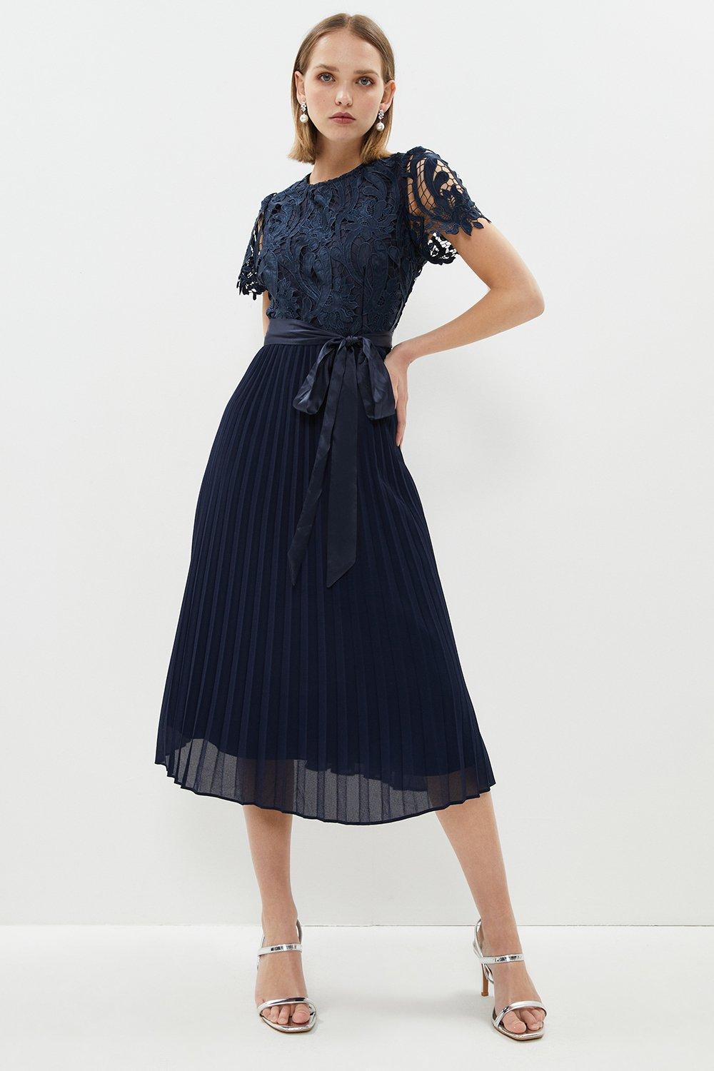 Petite Belted Lace Bodice Pleat Skirt Midi Dress - Navy