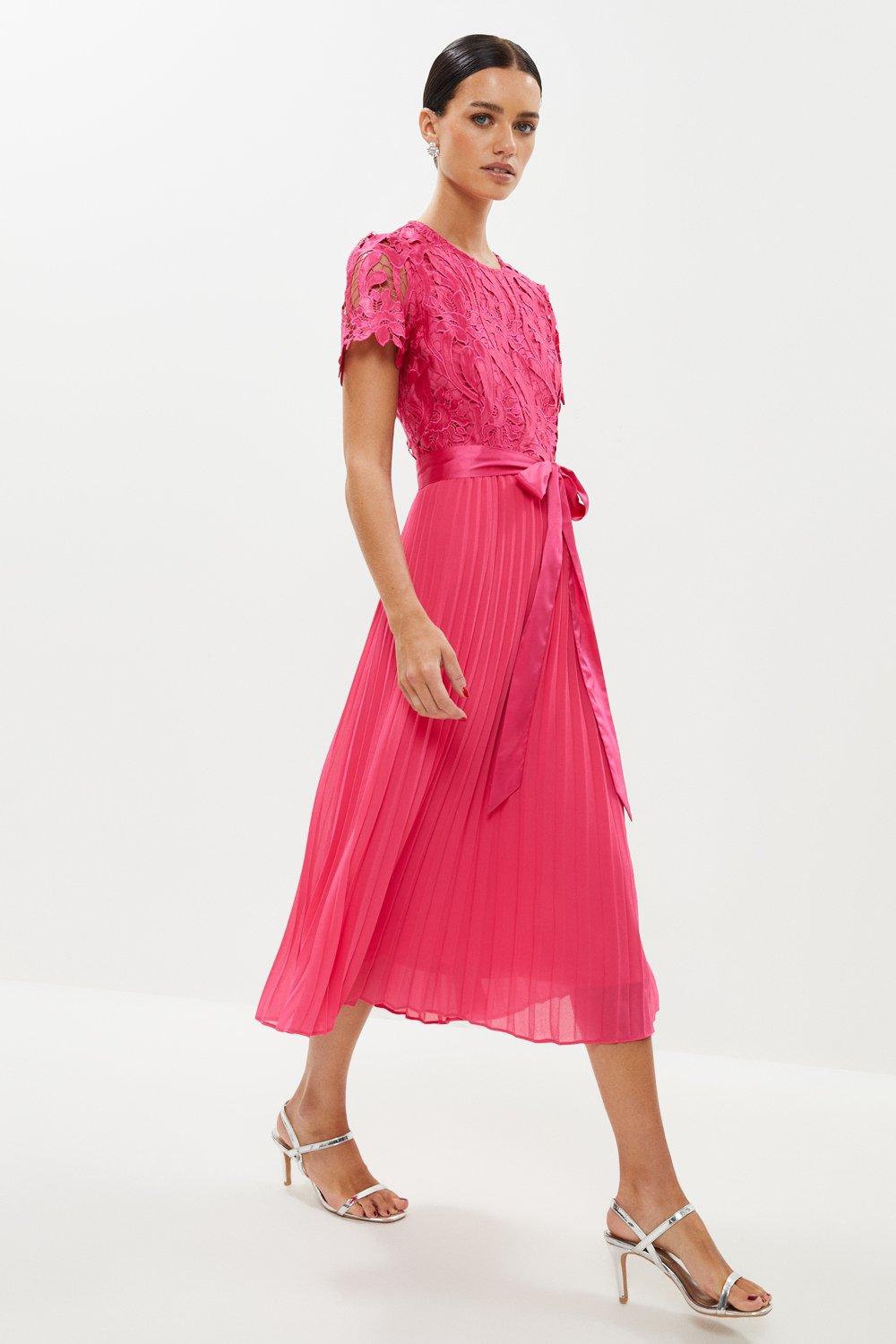 Petite Belted Lace Bodice Pleat Skirt Midi Dress - Pink