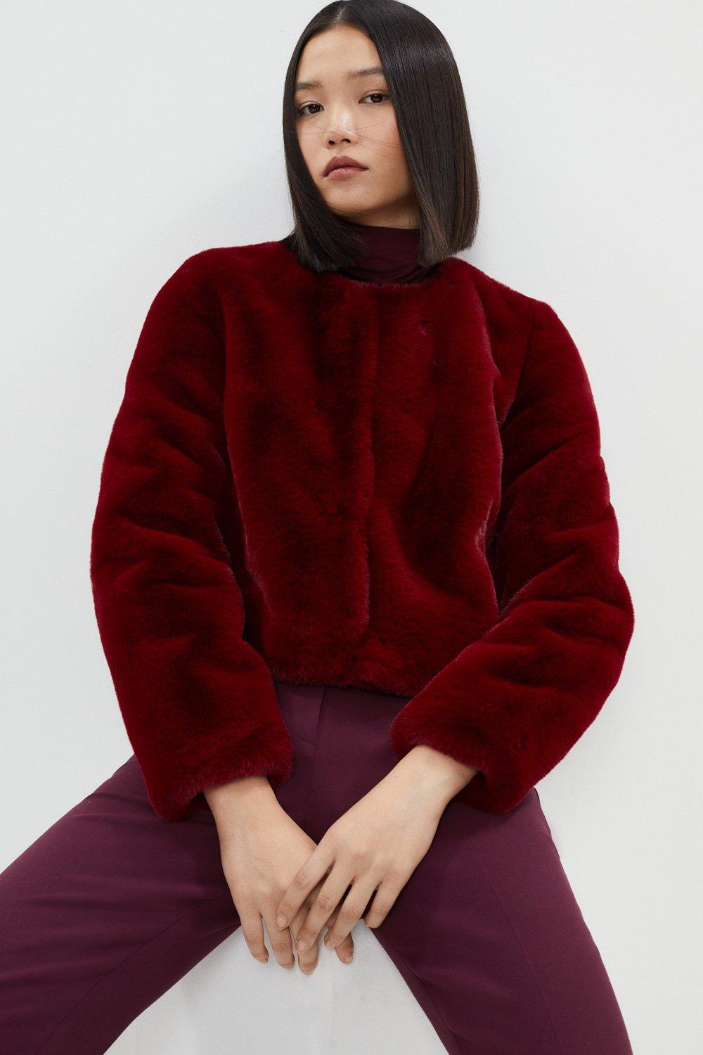 Faux Fur Short Coat - Red
