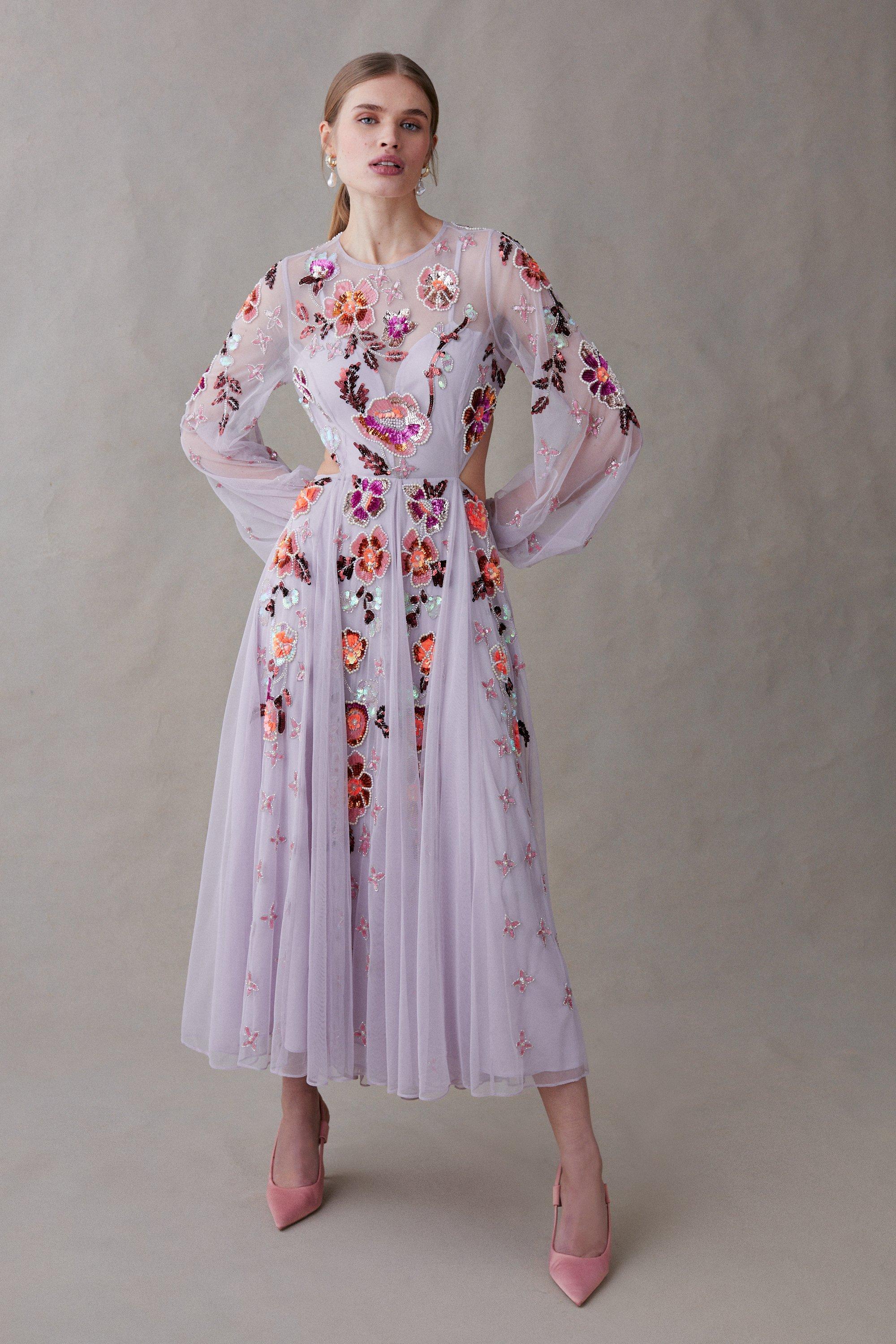 Balloon Sleeve Open Back Floral Embellished Midi Dress