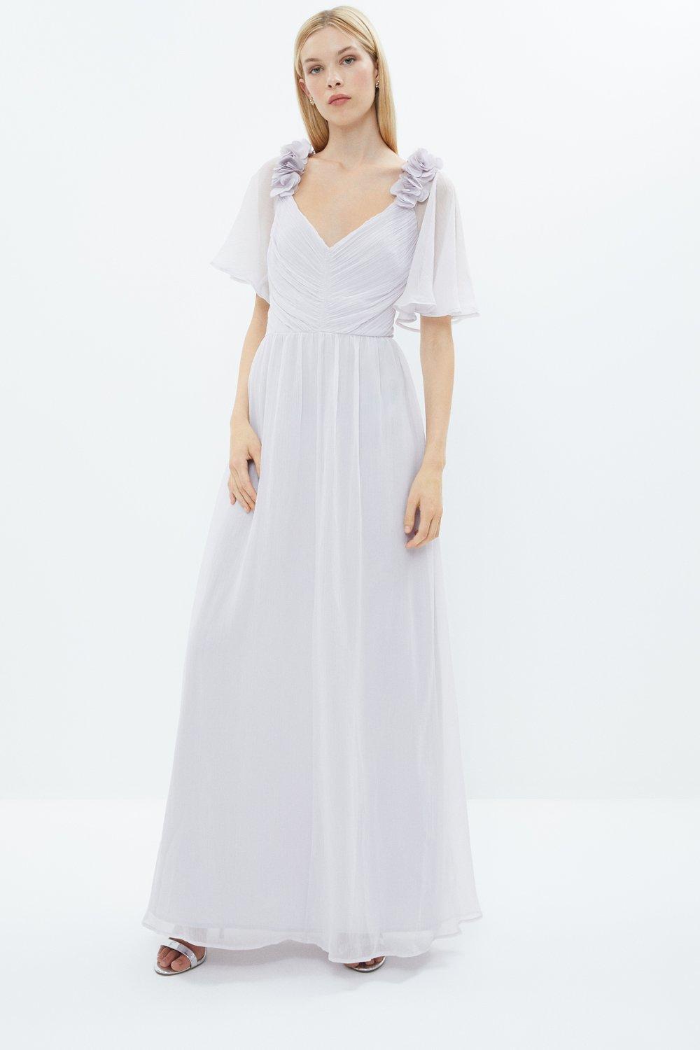 3d Floral Angel Sleeve Chiffon Maxi Dress - Silver