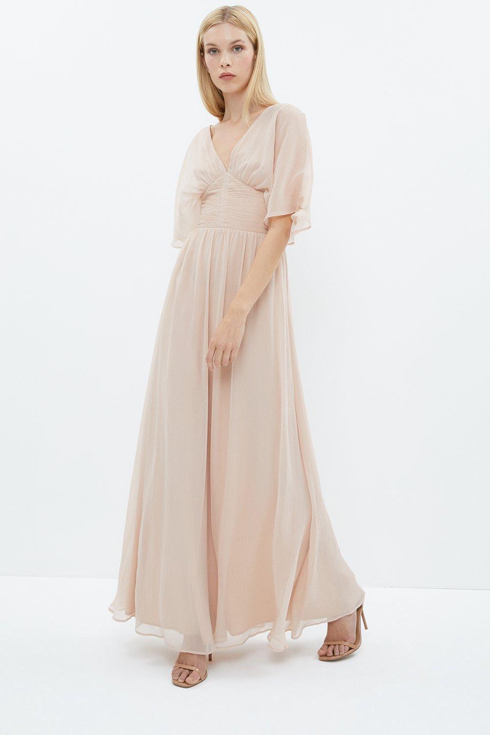 Angel Sleeve Crinkle Chiffon Maxi Dress - Pink