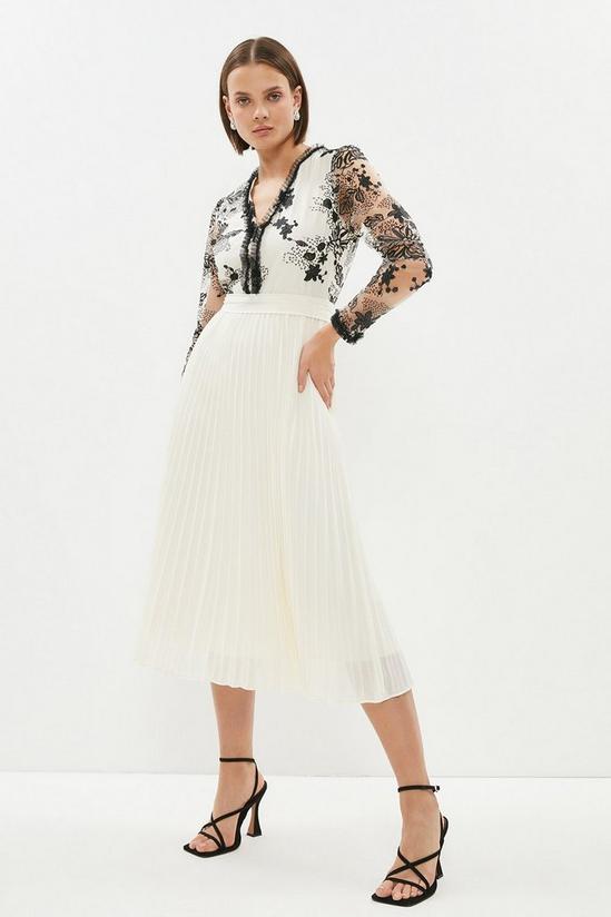Coast Embroidered Mesh Long Sleeve Pleated Skirt Midi Dress 1