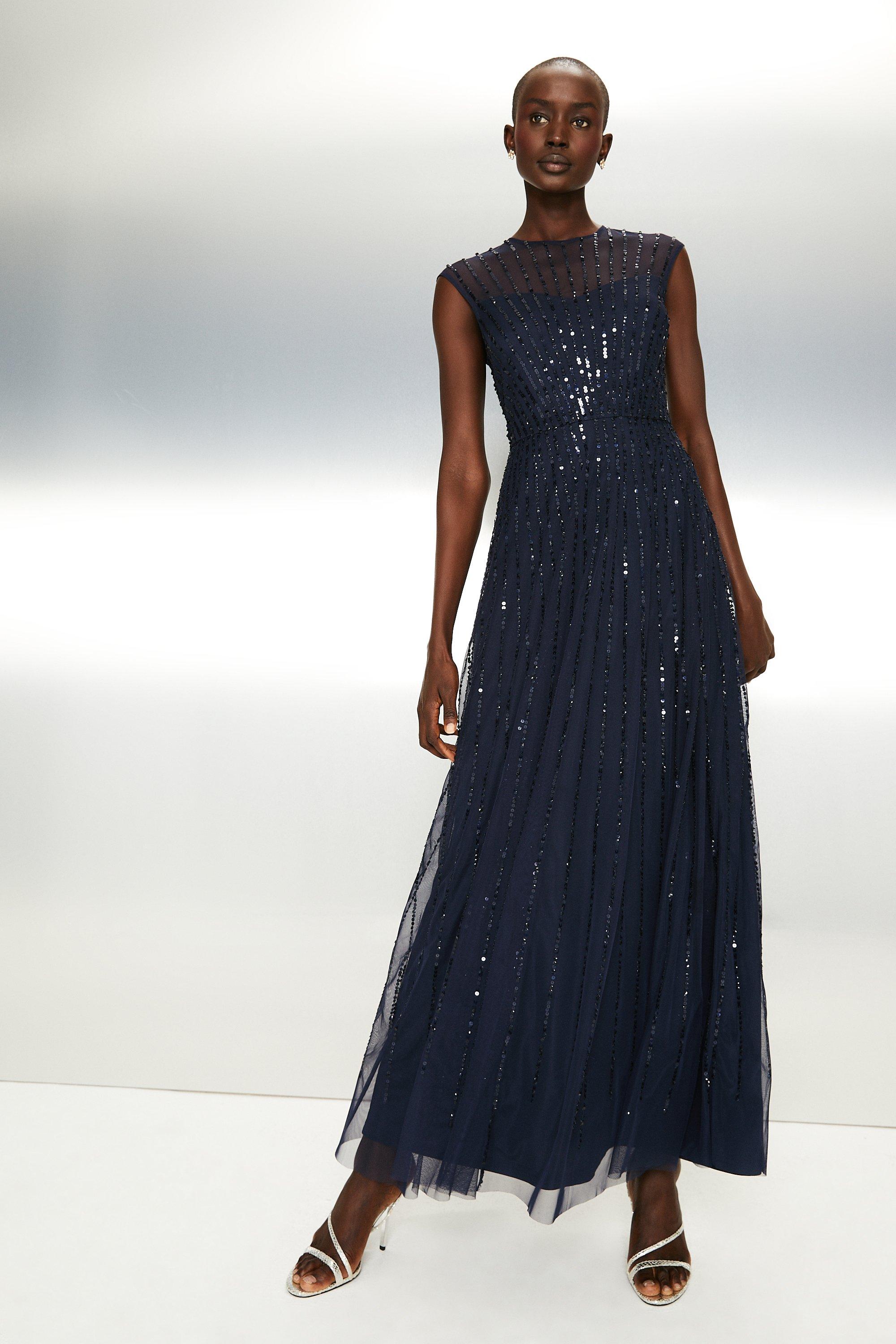 Linear Sequin Embellished Mesh Maxi Dress - Navy