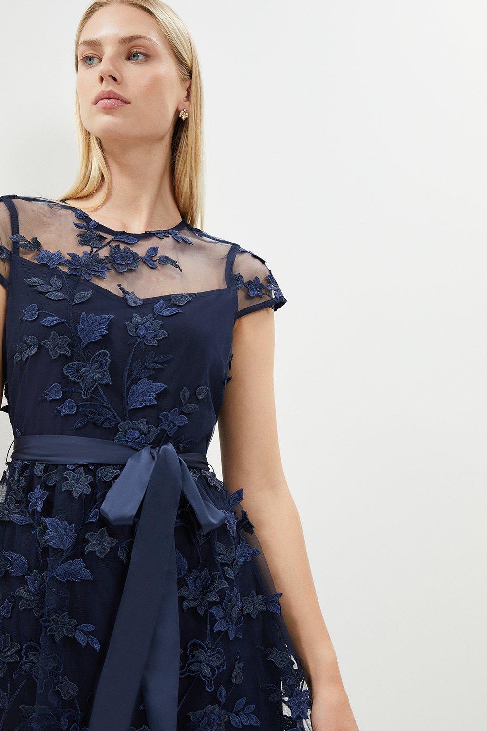 All Over Floral Embroidered Midi Dress - Navy