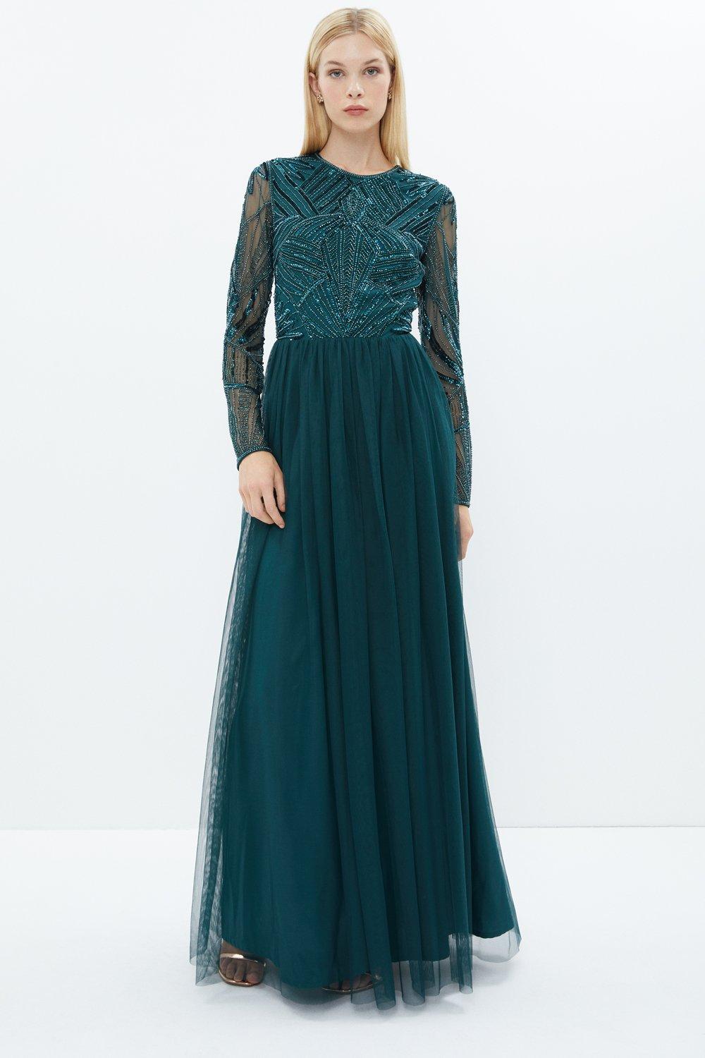 Embellished Bodice Long Sleeve Maxi Dress - Green